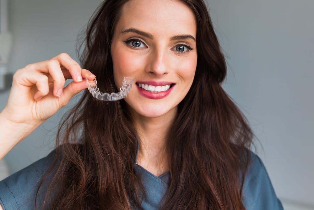 brunette woman holding clear aligners